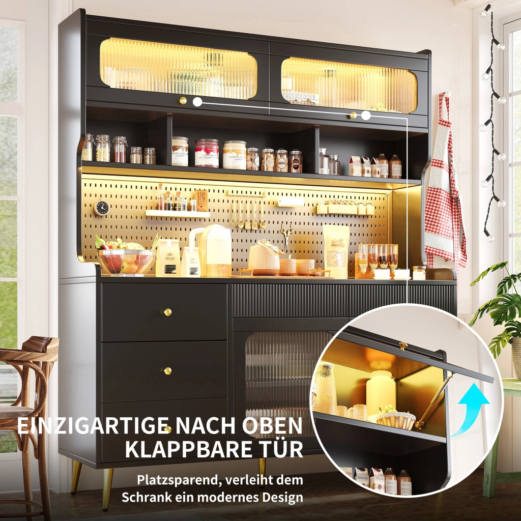 Credenza e madia alta con LED controllati tramite app e telecomando 1 cassetto in MDF e vetro nero 145 × 39 × 171 cm