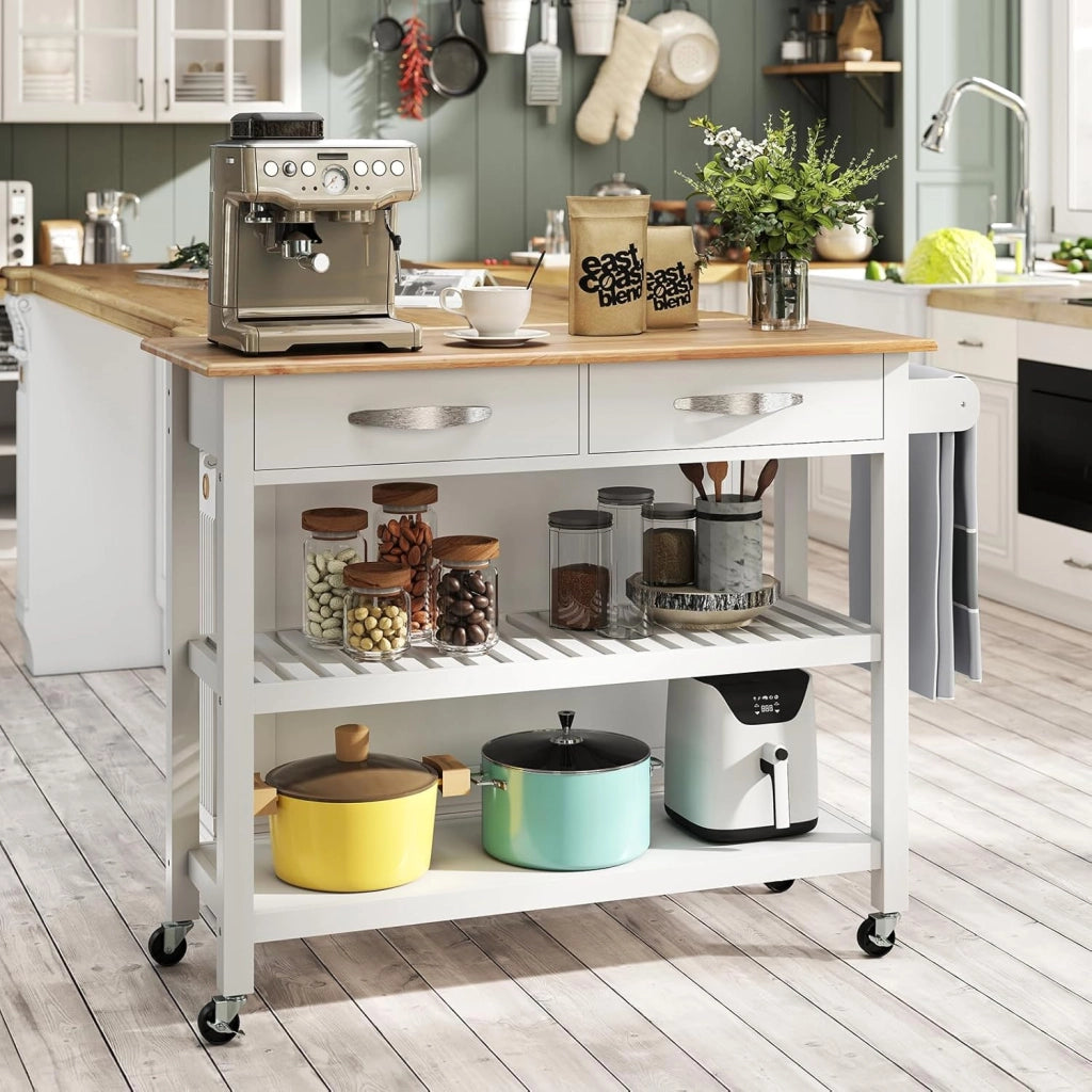 Carrello da Cucina con Ruote Multiuso, Mobile Cucina Salvaspazio in Legno, con 2 Cassetti e 2 Ripiani Aperti, Credenza per Sala da Pranzo, 116 x 43 x 89 cm (Bianco)