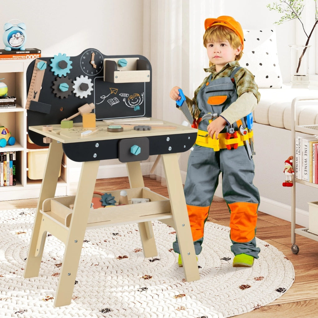 Banco da lavoro per bambini officina con strumenti in legno e accessori giocattolo, Banco set da gioco con attrezzi per bambini