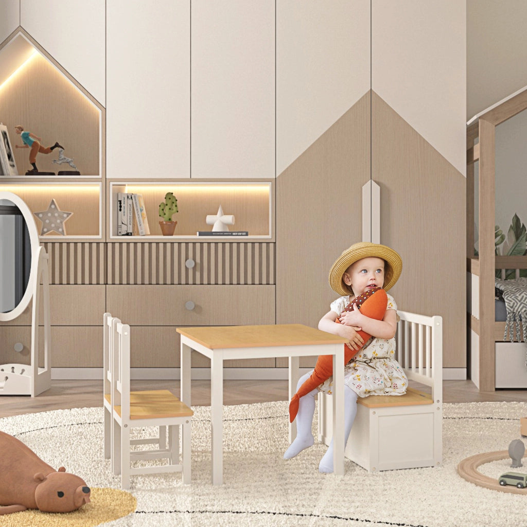 Tavolo bambini con 2 sedie e banco con cassetti ¨C zephmum ¨C bianco e naturale
