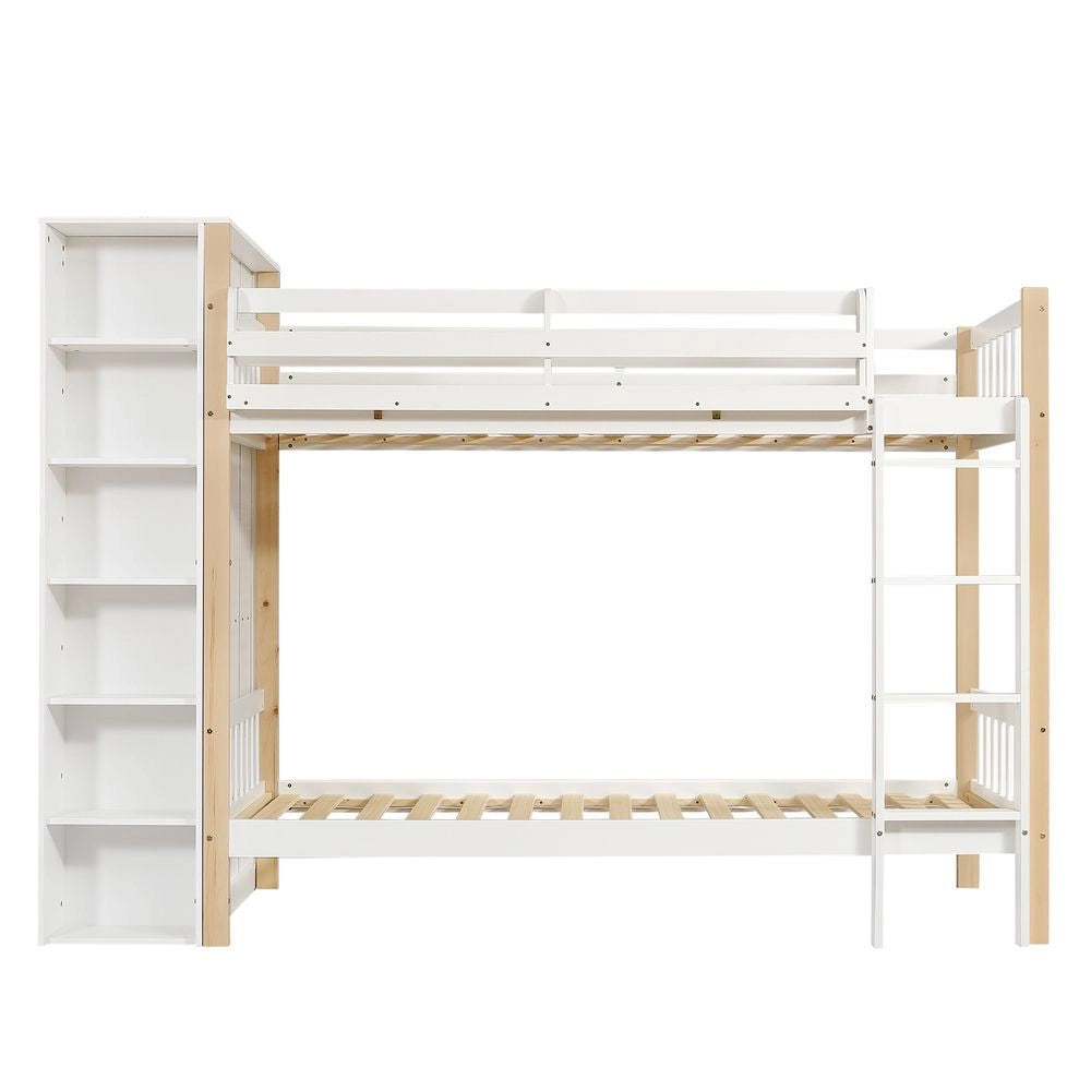 Letto a castello 90x200cm - Xylo - bianco/naturale, 6 ripiani, sicuro