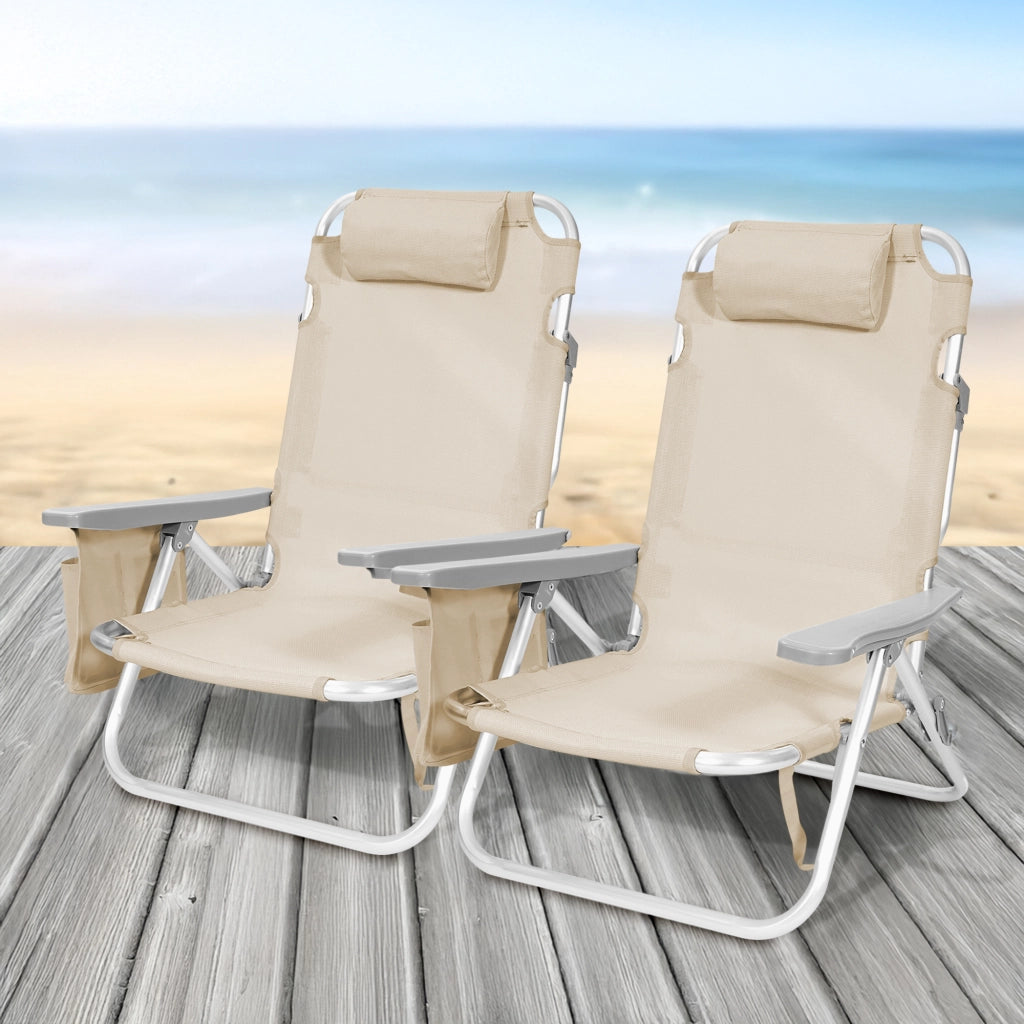 Set 2 Sedie Mare Spiaggine Pieghevoli in Alluminio con Poggiatesta e Tasca Laterale, Sdraio Spiaggia Basse con Braccioli, Tessuto Textilene Traspirante e Resistente, per Mare Campeggio Giardino, Beige