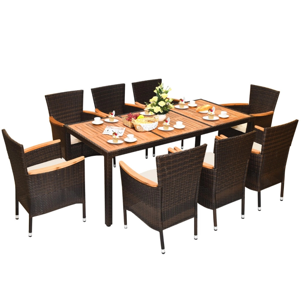 Set da pranzo in vimini con piano d'appoggio in acacia e cuscini rimovibili, Set di mobili per 8 persone Beige