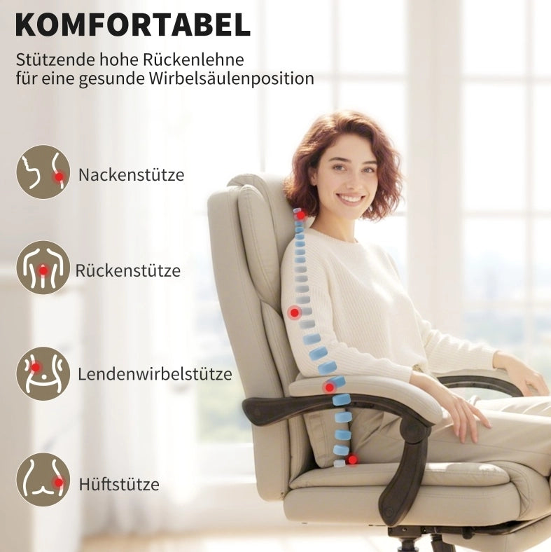 Sedia da ufficio beige in ecopelle resistente, con poggiapiedi regolabile e altezza adattabile