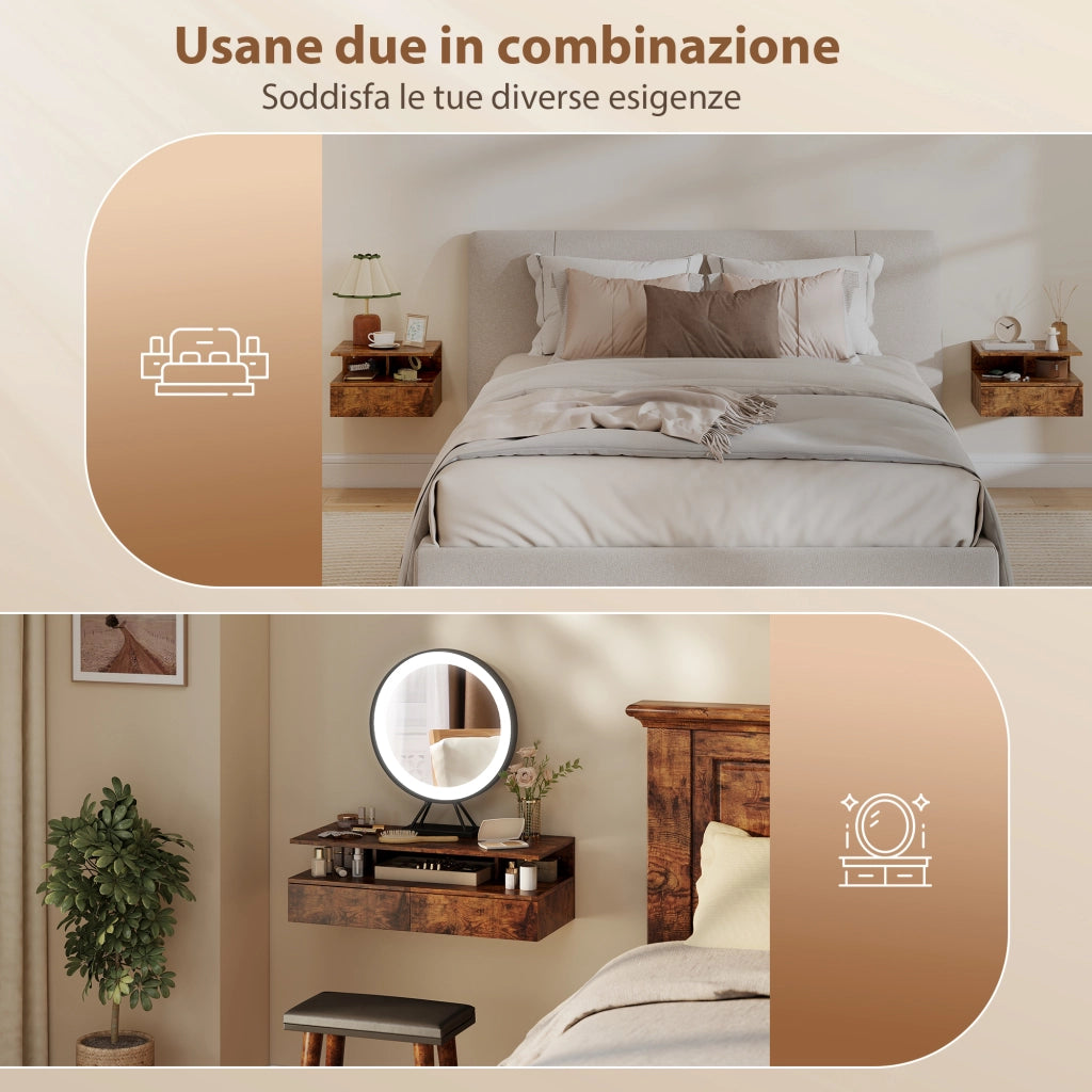 Set di 2 Comodini Sospesi con Cassetto e Mensola Aperta, 35x32x22.5 cm, Marrone Rustico