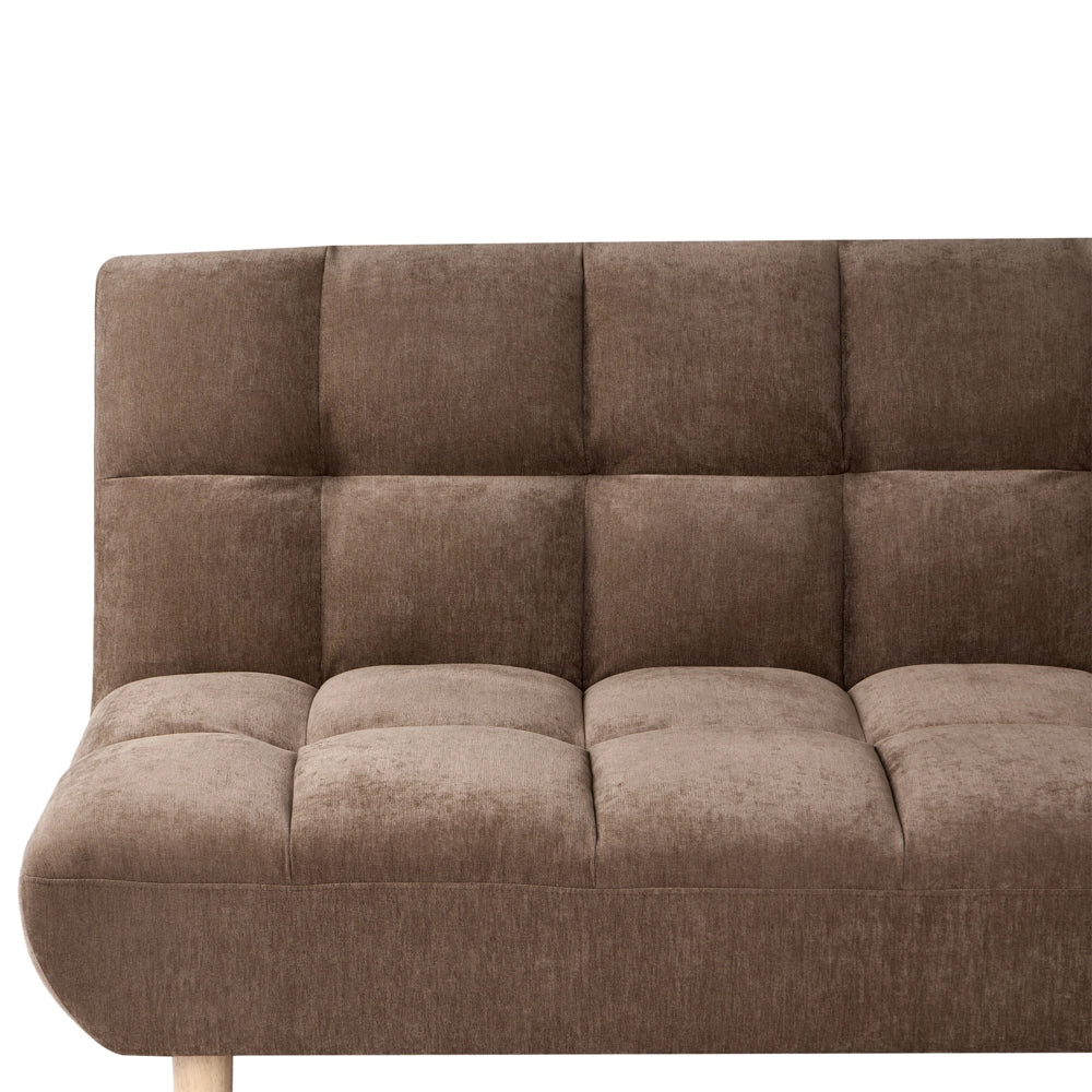 Divano letto marrone rivestito in tessuto con gambe in legno 2 posti schienale trapuntato seduta imbottita design moderno senza braccioli