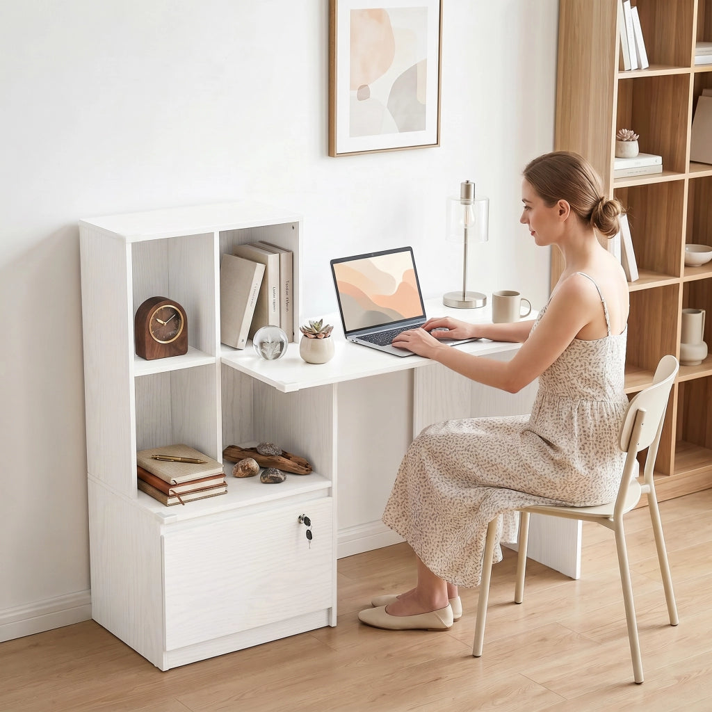Scrivania computer con libreria 4 ripiani e cassetto ¨C Xylo ¨C Legno bianco 126x50x109 cm