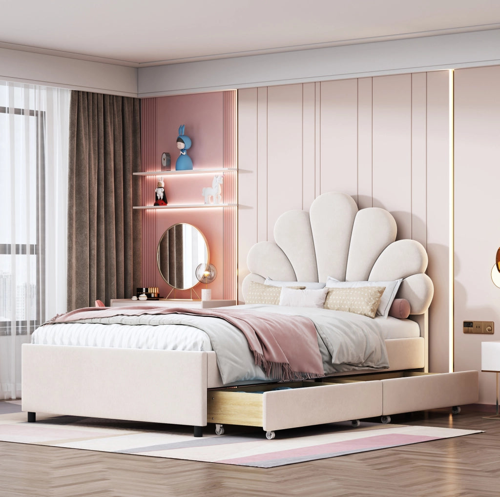 Letto imbottito 90x200 cm con 2 cassetti; velluto beige (Senza materasso)