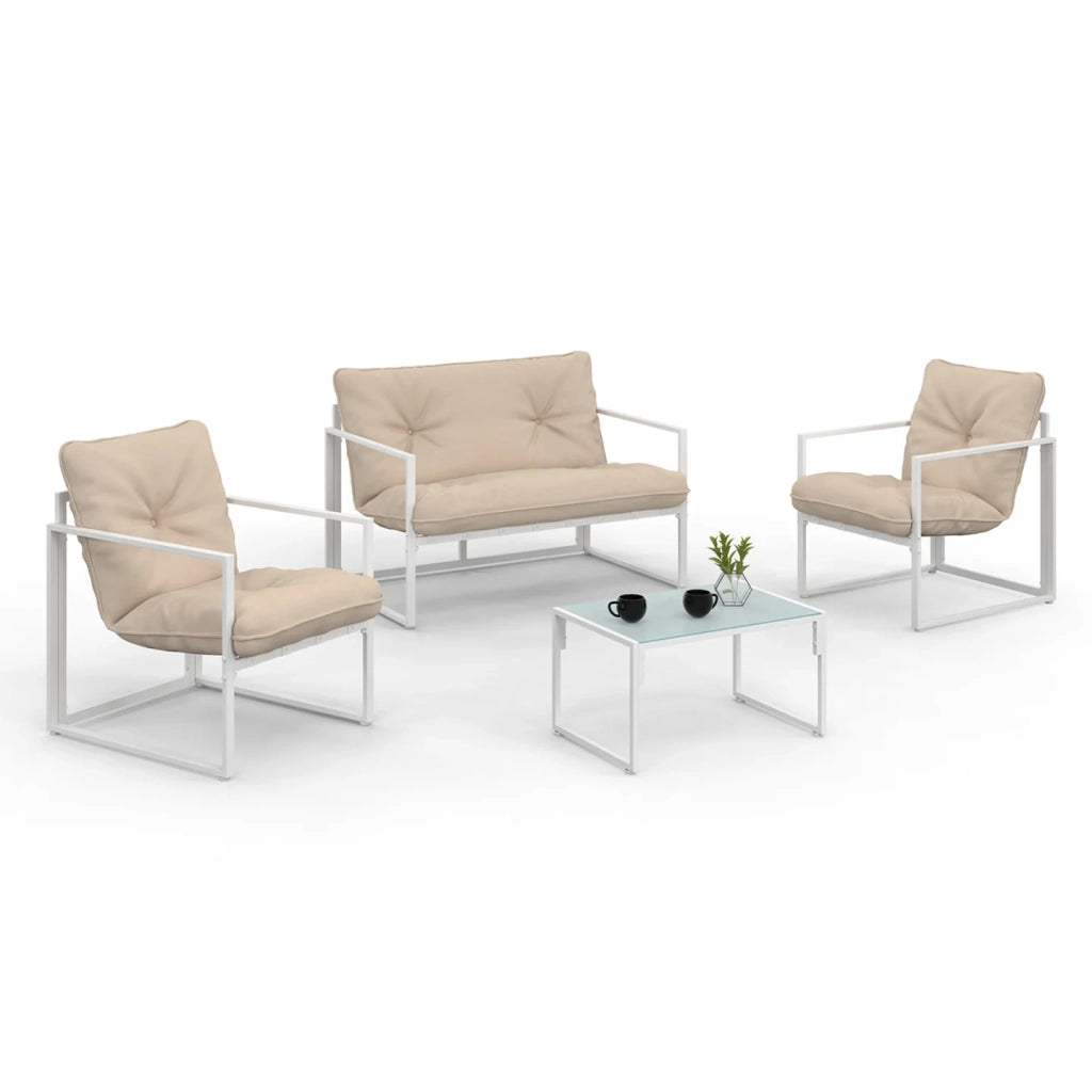 IDMarket - NAIROBI Set di mobili da giardino bassi a 4 posti in acciaio bianco con cuscini beige