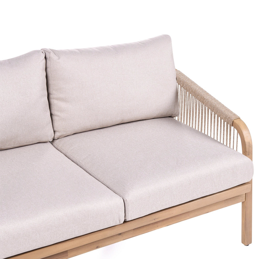 Set divano da giardino in legno di acacia chiaro con cuscini beige chiaro, 5 posti, design moderno, set da salotto da esterno