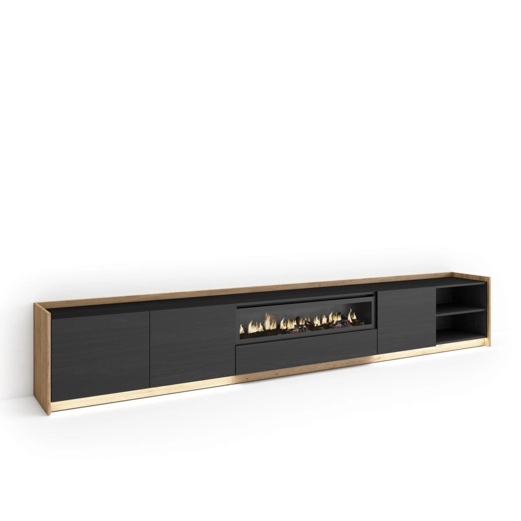 Mobile TV Soggiorno, 310x50x37 cm, Per TV fino a 80", Camino elettrico, LED, Nero e rovere