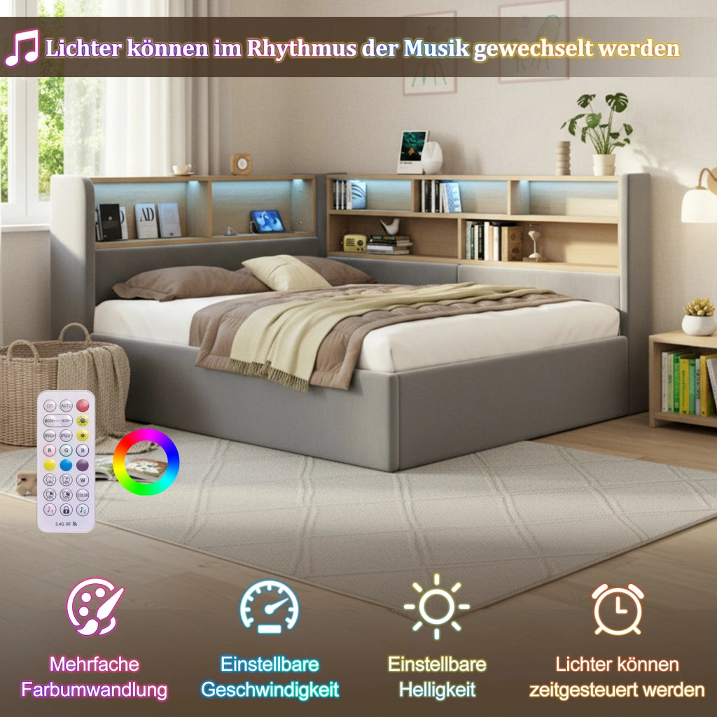 DESMIU Letto banchetto 140 × 200 cm 2 posti con contenitore idraulico, LED, USB e Type-C, senza materasso, velluto grigio