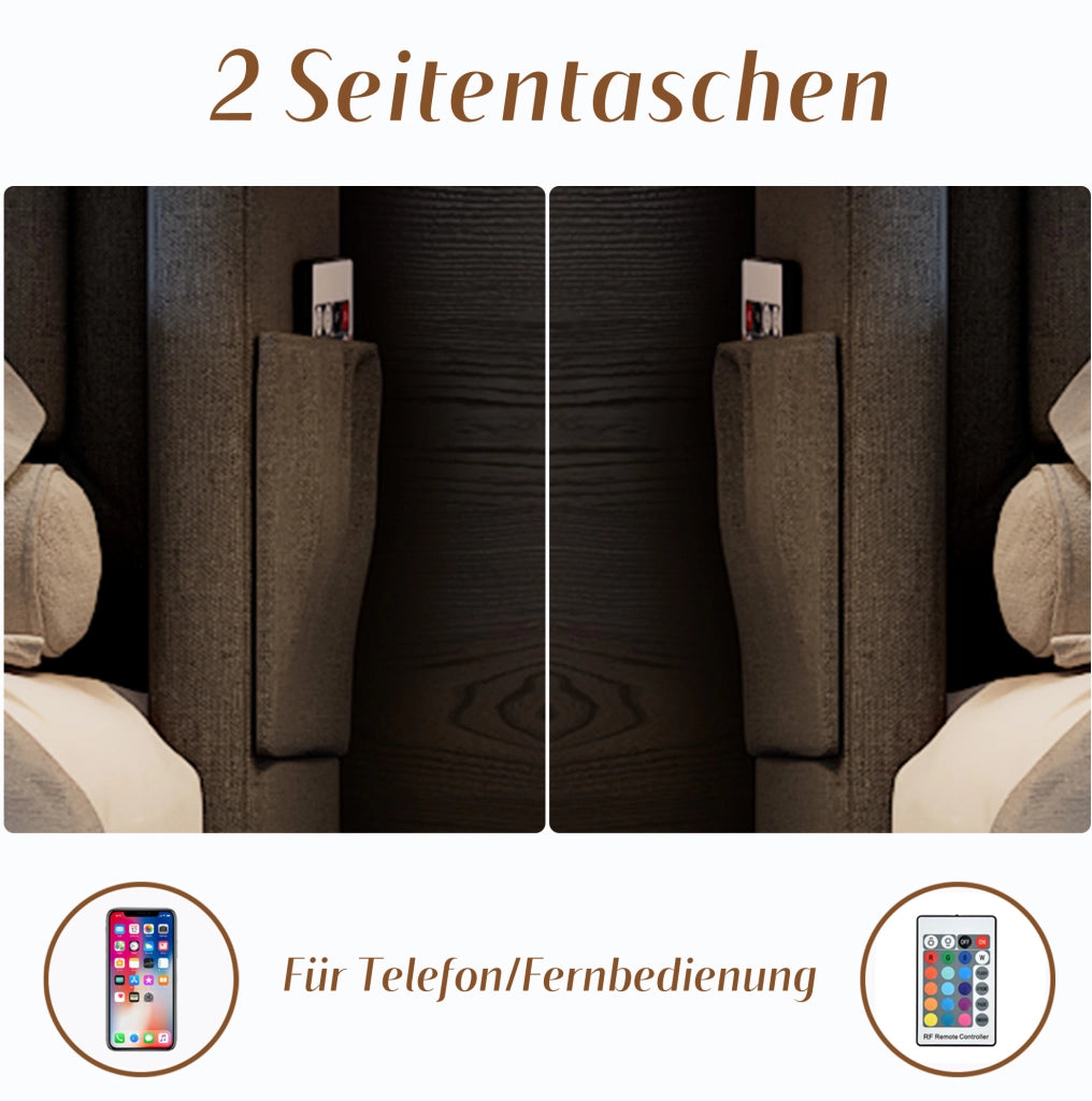 Letto 140x200 con LED; USB-C; 4 cassetti; tessuto cotone-lino; grigio