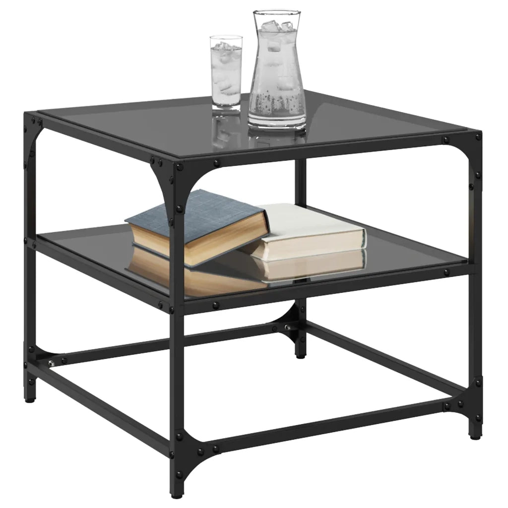 Tavolini da Salotto con Piano Vetro Nero 2pz 50x50x45cm Acciaio 846009