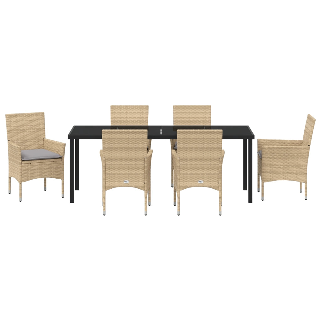 Set da Pranzo da Giardino da 7 Pezzi con Cuscini Beige Polyrattan