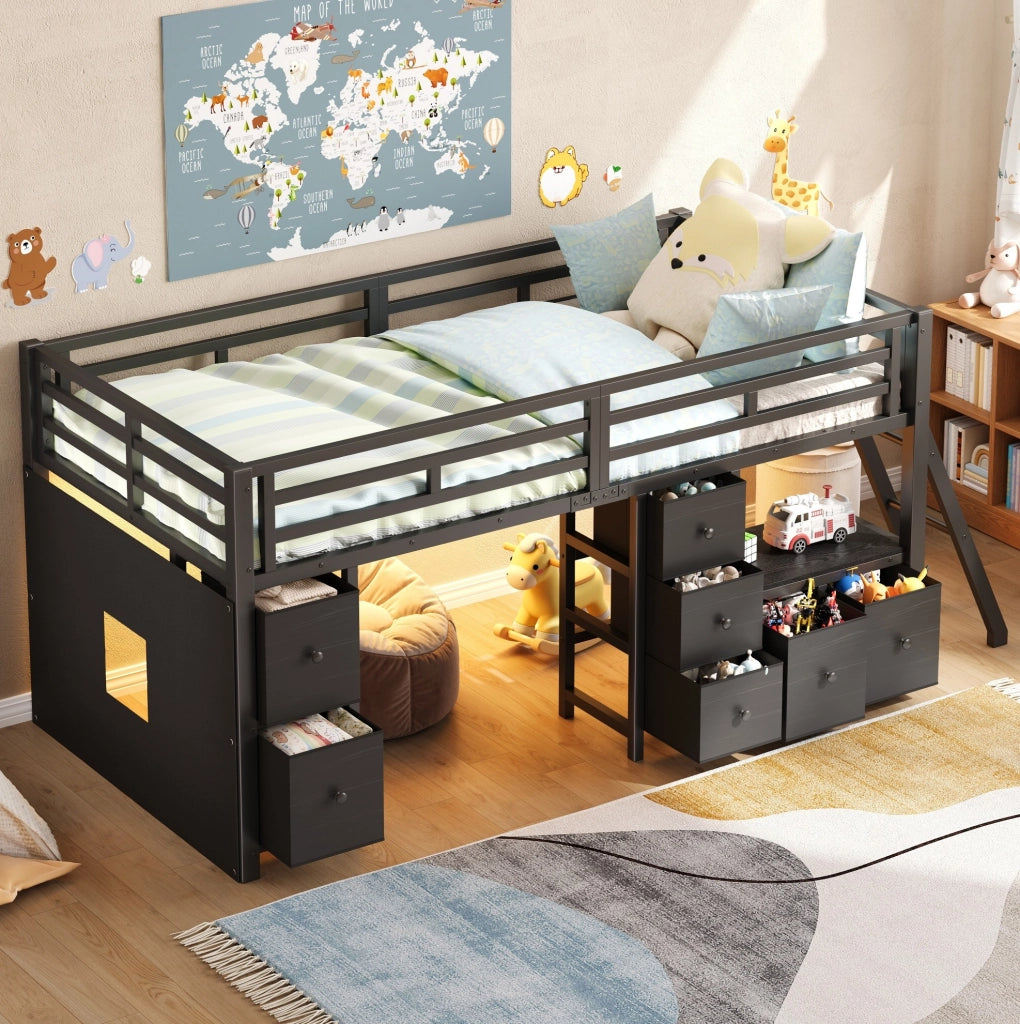 Letto a soppalco basso 90x200 cm con LED e 7 cassetti