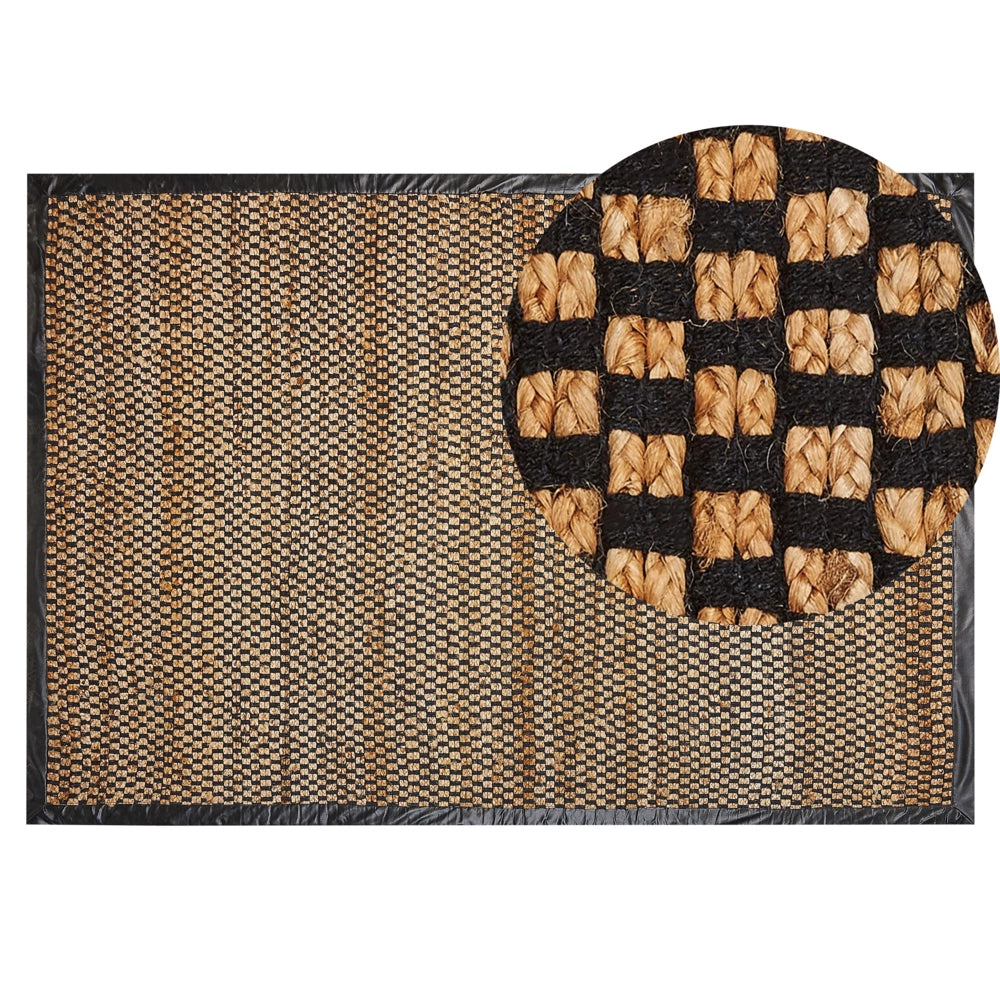 Tappeto in iuta e pelle rettangolare con motivo a scacchi intrecciato a mano nero e beige 140 x 200 cm stile rustico