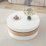 Tavolino basso girevole con 3 piani e vano contenitore nascosto per soggiorno in MDF bianco e legno naturale 60 × 60 × 35,1 cm