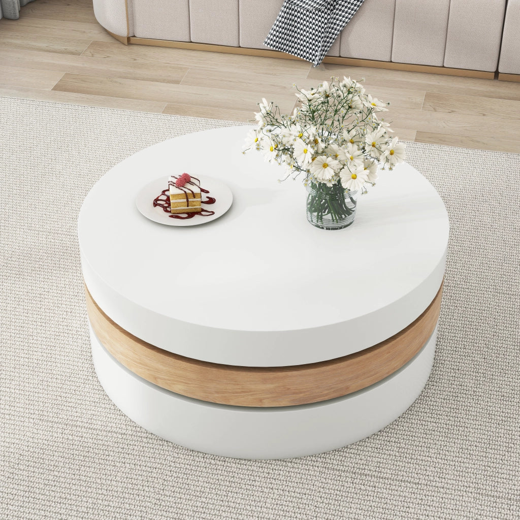 Tavolino basso girevole con 3 piani e vano contenitore nascosto per soggiorno in MDF bianco e legno naturale 60 × 60 × 35,1 cm