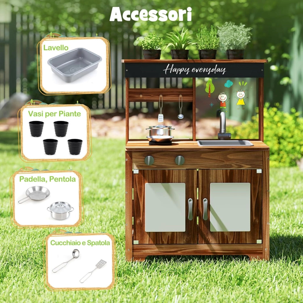 Cucina Giocattolo da Giardino con Lavagna, Cucina in Legno di Abete per Bambini con 4 Vasi da Giardinaggio, Fornelli 4 Accessori per Cucinare, 68 x 35 x 97 cm