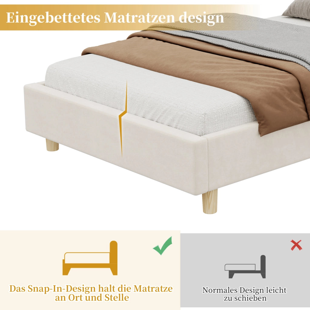 Letto singolo per bambini 90x200 cm con testiera USB-C e luce; velluto beige