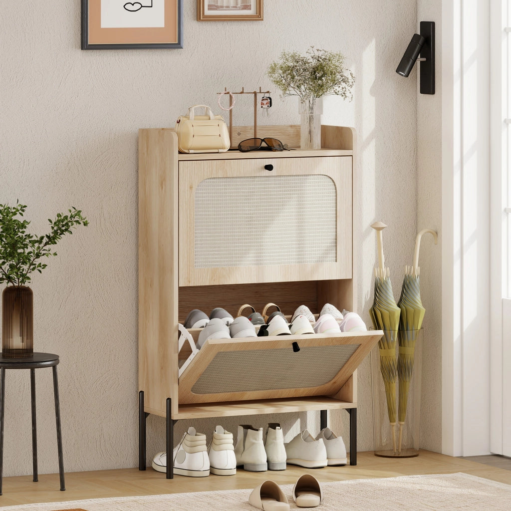 Scarpiera 12 paia con ante in rattan e 2 cassetti ¨C zephmum ¨C rovere 88x132x19