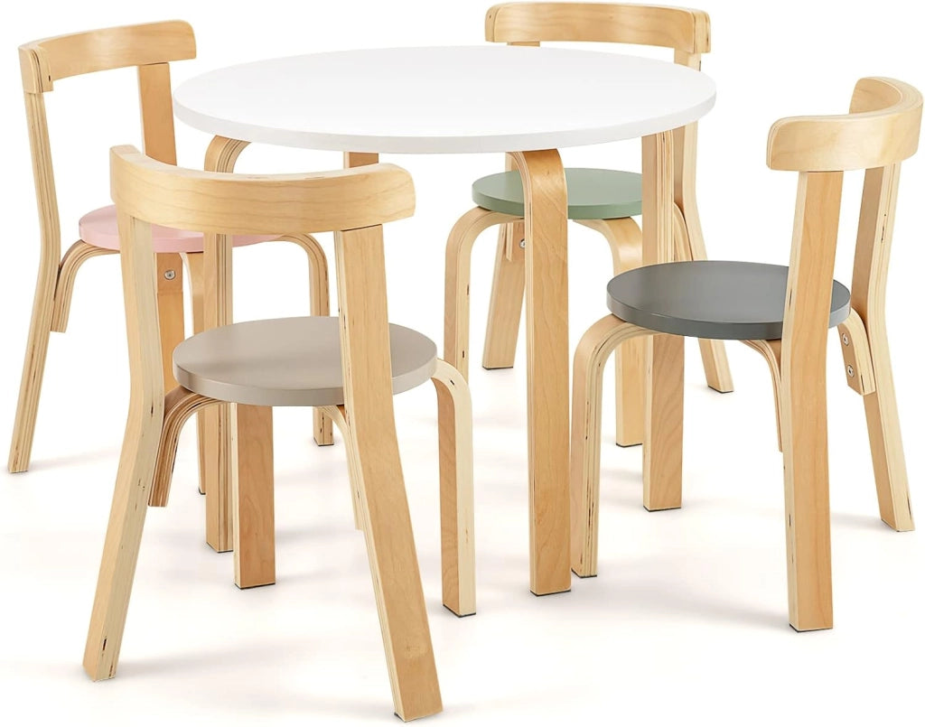 Set Tavolo e Sedie per Bambini, con Schienale Curvo in Legno, Tavolo Attività per Bambini con 4 Sedie, Capacità di Peso 25kg, 4+ Anni (naturale)