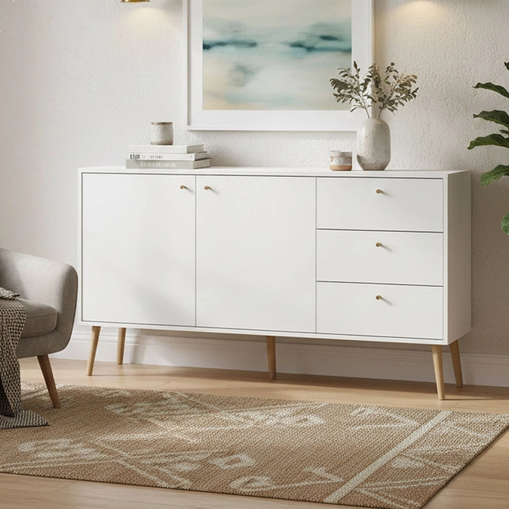 Credenza Erina, Buffet da soggiorno, Madia da salotto, Dispensa da cucina, 147x39 h82 cm, Bianco