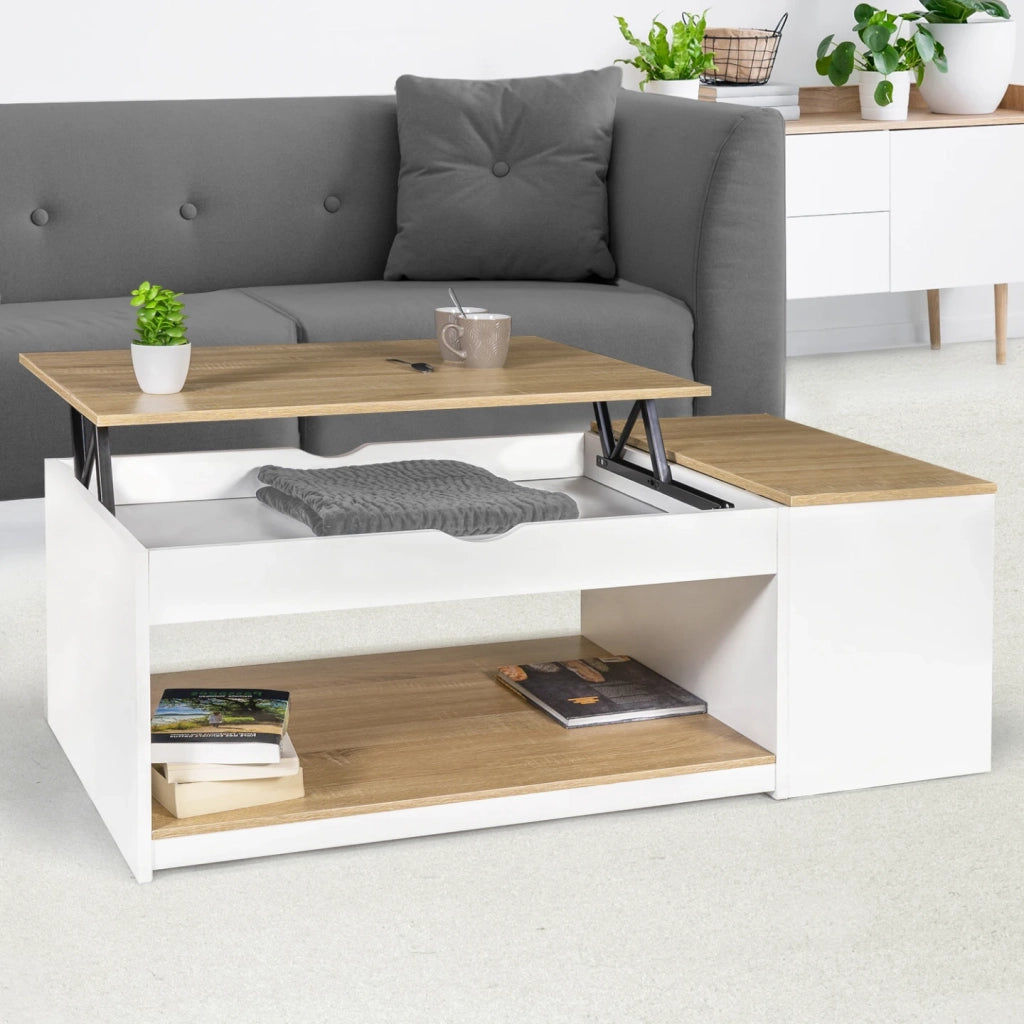 IDMarket - Tavolino ELEA sollevabile con scatola in legno bianco e faggio