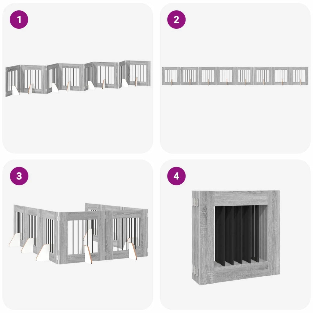 Cancello per cani pieghevole con supporti 8 pcs Grigio Sonoma 892166