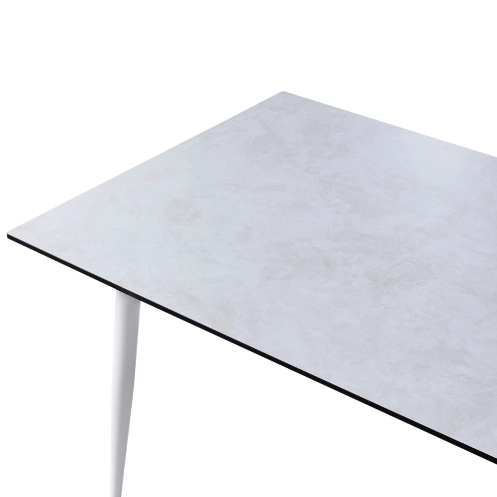 Tavolo da riunione con piano in HPL e struttura in alluminio resistente ai raggi UV, all'acqua e alla ruggine bianco con effetto travertino