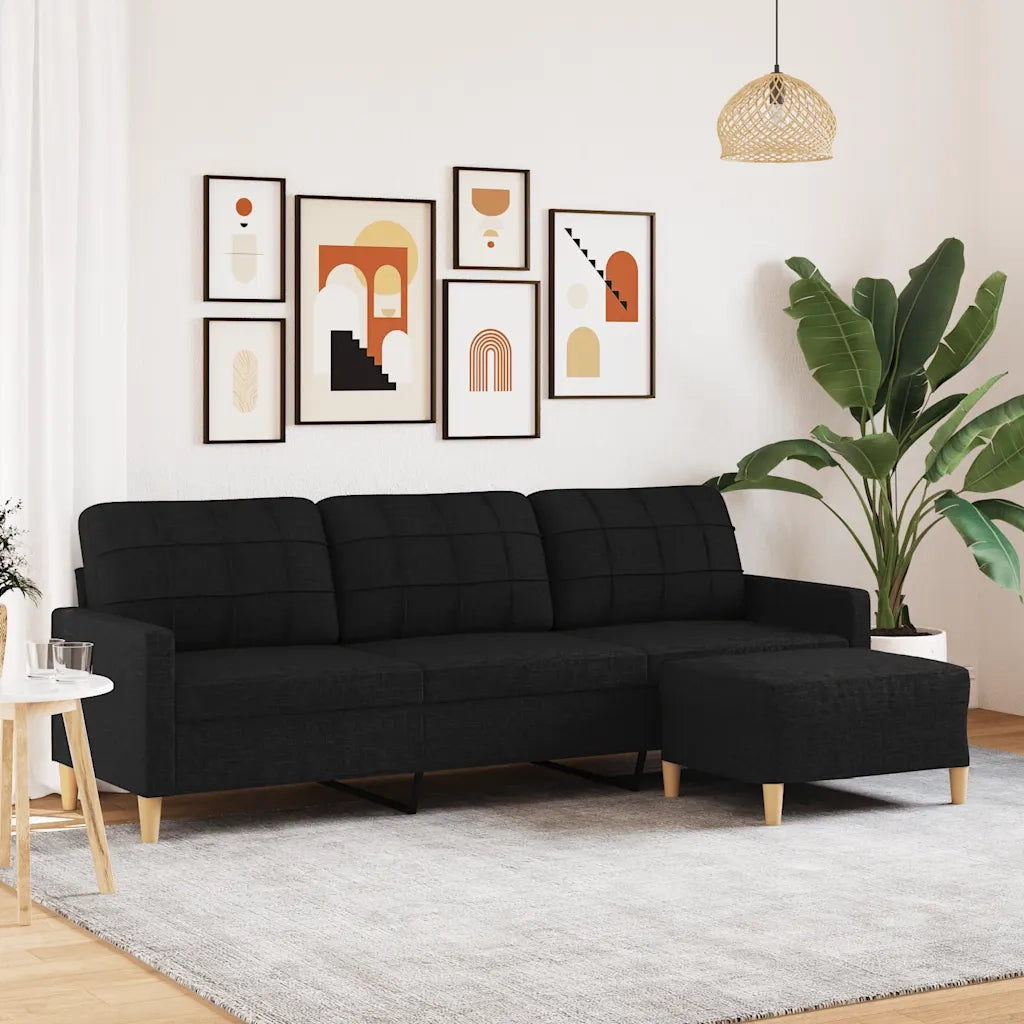 Divano | Divano da soggiorno | Sofa a 3 Posti con Poggiapiedi Nero 210cm in Tessuto