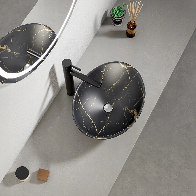 Lavabo da appoggio in ceramica, nero opaco con venature marmorizzate, ovale, 41x34,5 cm