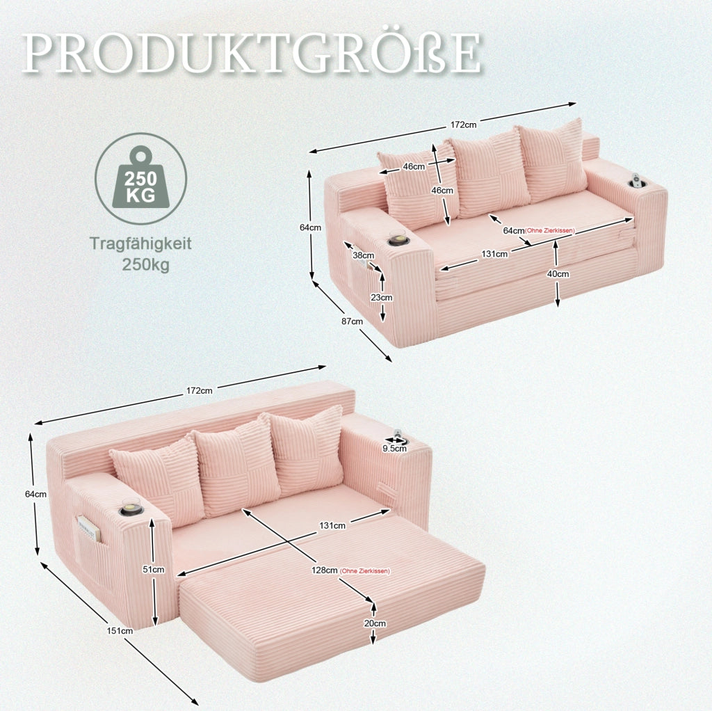 Divano modulare a 2 posti in velluto a coste rosa; 172 x 87 x 64 cm; con porta bicchieri e tasche laterali