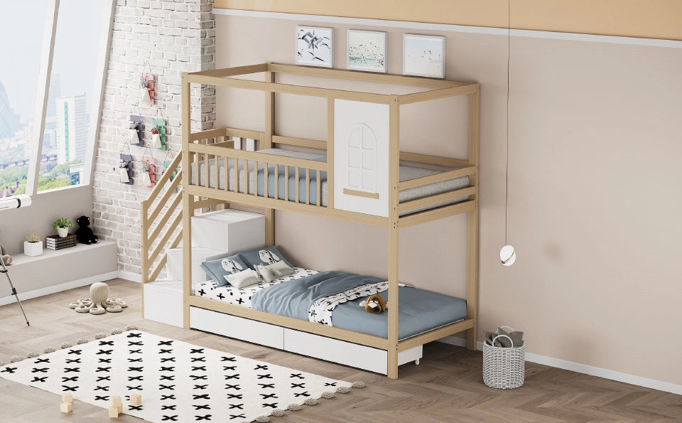 Letto a castello 90x200 cm con scala e cassetti; sponde di sicurezza in legno colore naturale