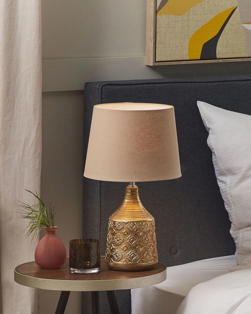 Lampada da tavolo in ceramica marrone dorato motivo geometrico beige paralume impero comodino soggiorno camera da letto illuminazione
