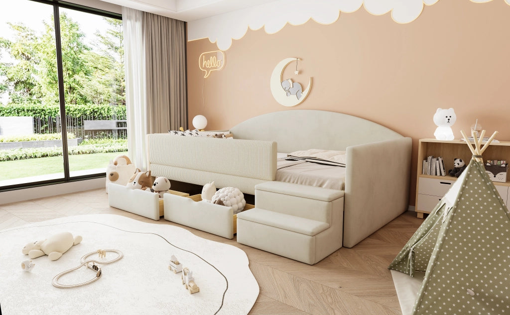 Divano letto imbottito in velluto con 2 cassetti; gradini antiscivolo e protezioni; beige; 90x190 cm; senza materasso