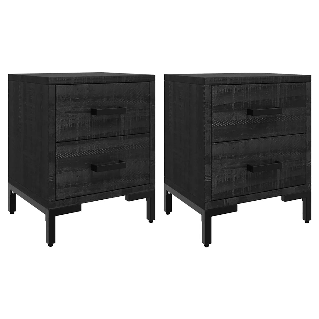 Set di 2 Comodini | Armadio da Notte | Mobiletto da notte Neri 36x30x45 cm in Legno Massello di Pino