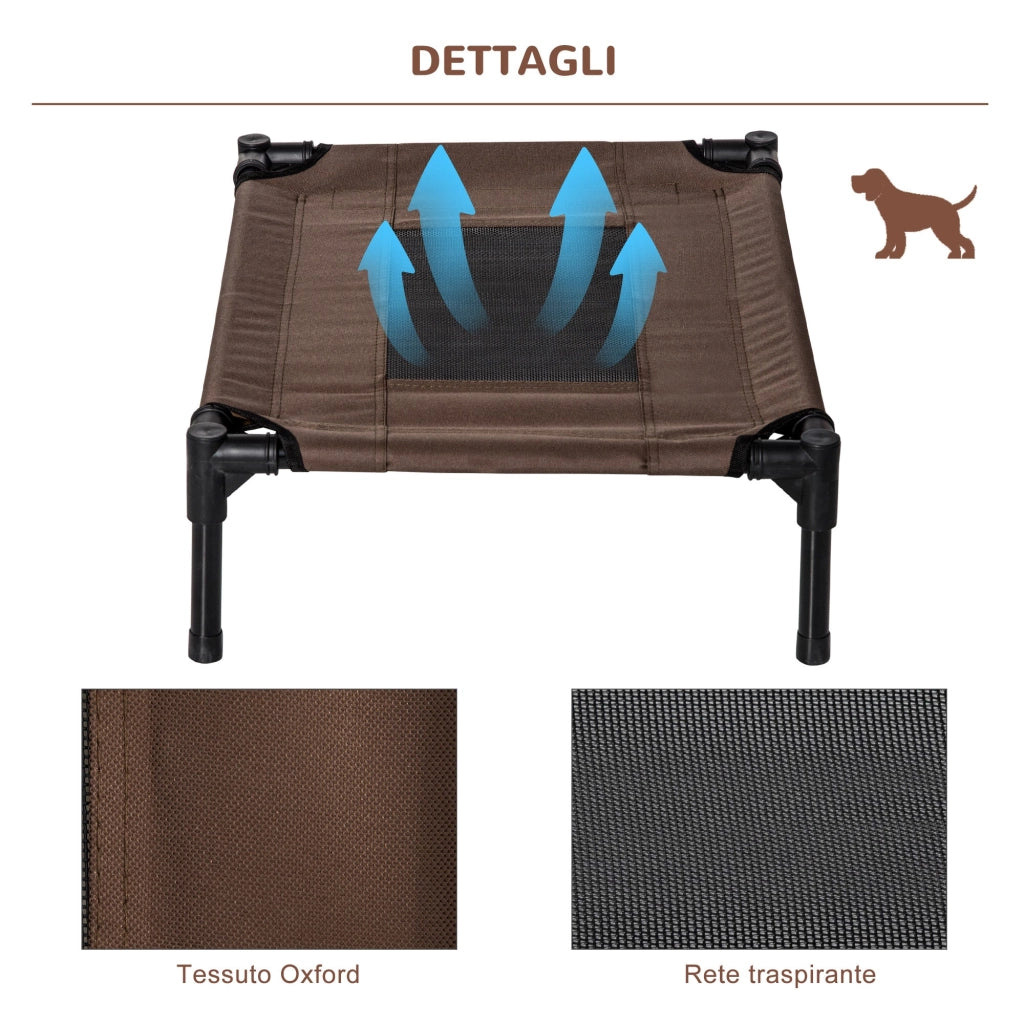 Lettino per Cani Rialzato con Seduta Traspirante 61x46x18 cm in Acciaio e Tessuto Nero e Caffè
