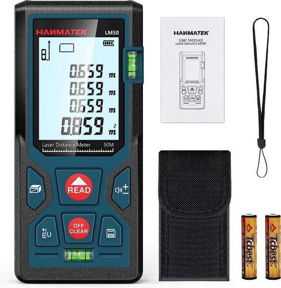 Laser Metro Laser a Distanza - 50 Metro di Raggio - Misurazione della Distanza Rapida - Con Backlight LCD - IP54 Resistente all'Acqua - Incluso 2 x Batterie AAA 1,5V