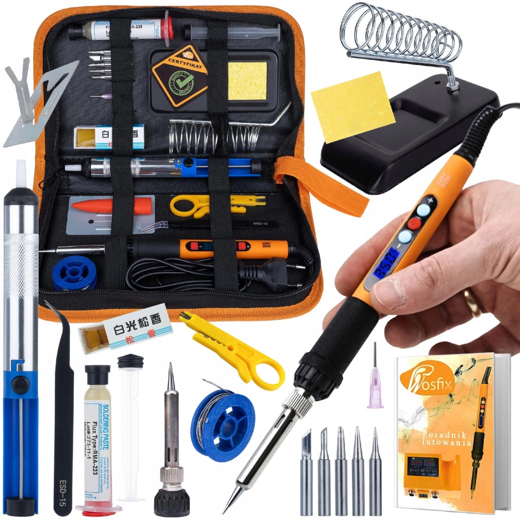 Set di Saldatura Rosfix SolderKit Pro 8 in 1 – Stazione Saldante 60W LCD, Flussante RMA, Pompa Dissaldante, Pinzetta ESD
