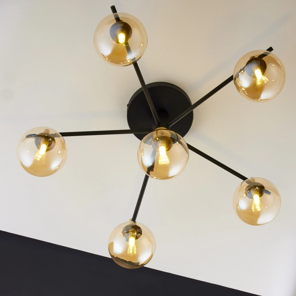 Plafoniera FIGARO Jupiter nera oro, 6 sfere ambra G9