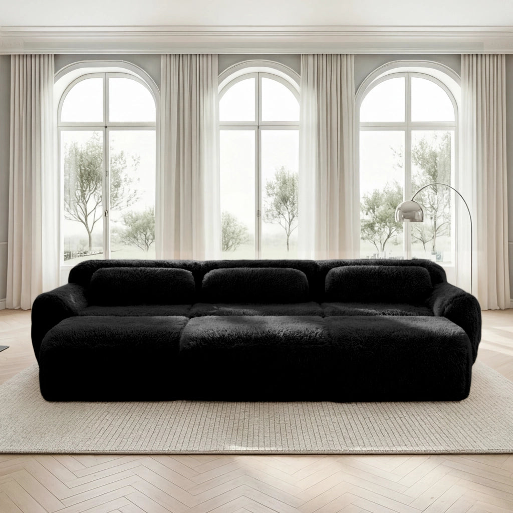 Divano Modulare 3 Posti con 3 Pouf; Senza Montaggio; Seduta Ampia Comfort Nuvola; in Peluche Nero