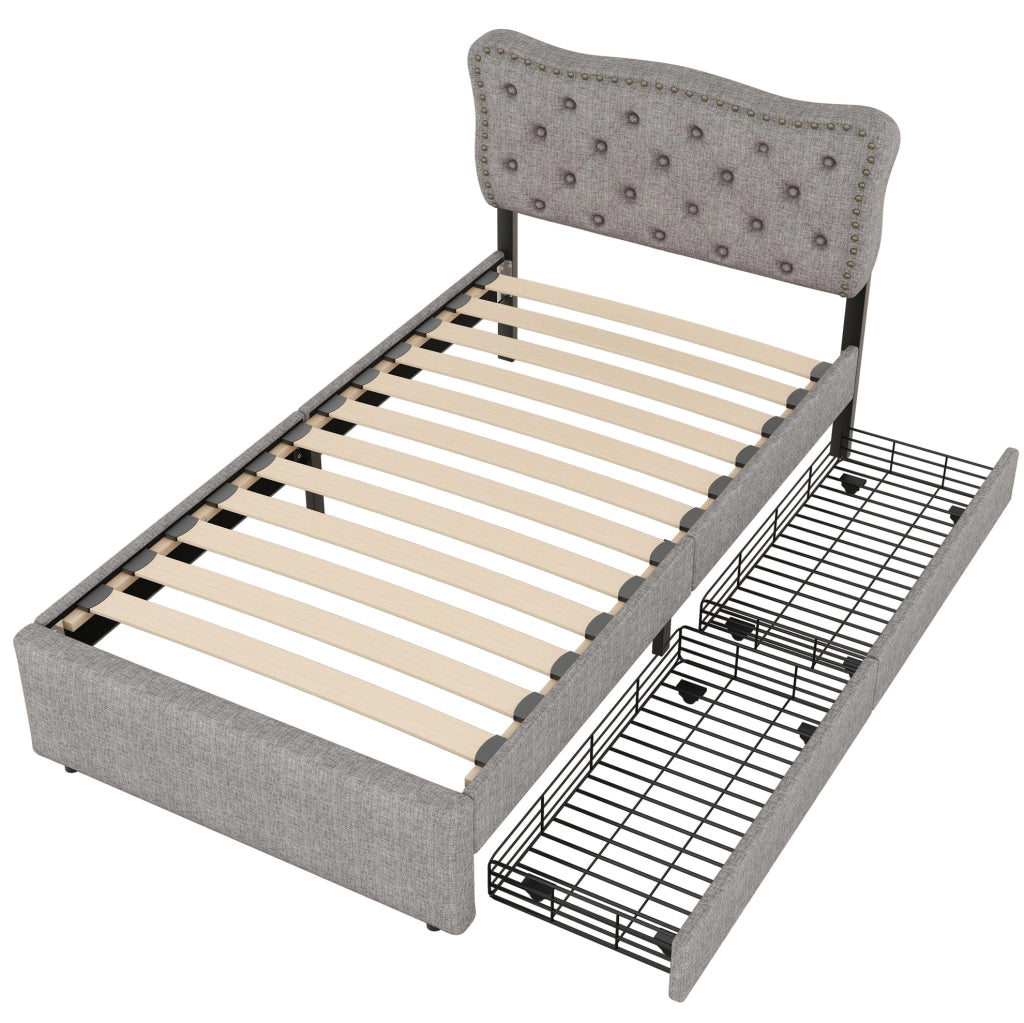 Letto imbottito 90x200 cm in MDF e tessuto in lino grigio con 2 cassetti e borchie decorative