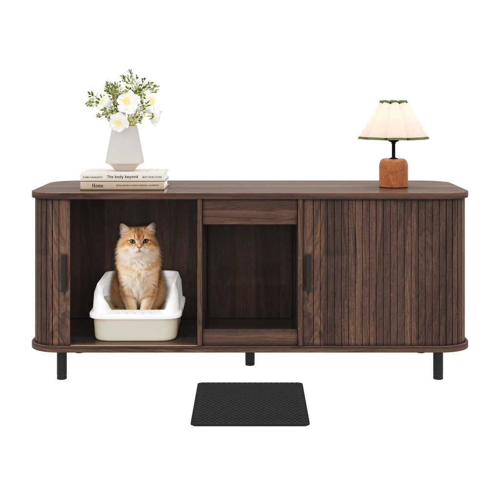 Mobile Lettiera per 2 Gatti 140×50×60 cm con 2 Porte Scorrevoli; Tappetino Raccogli Sabbia e Piedini in Metallo