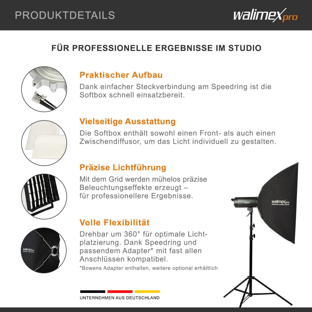 Essential Softbox 60x90cm + adattatore softbox per Hensel Expert, ruotabile a 360°, facile da montare, inclusa griglia, adattatore Bowens e borsa per il trasporto