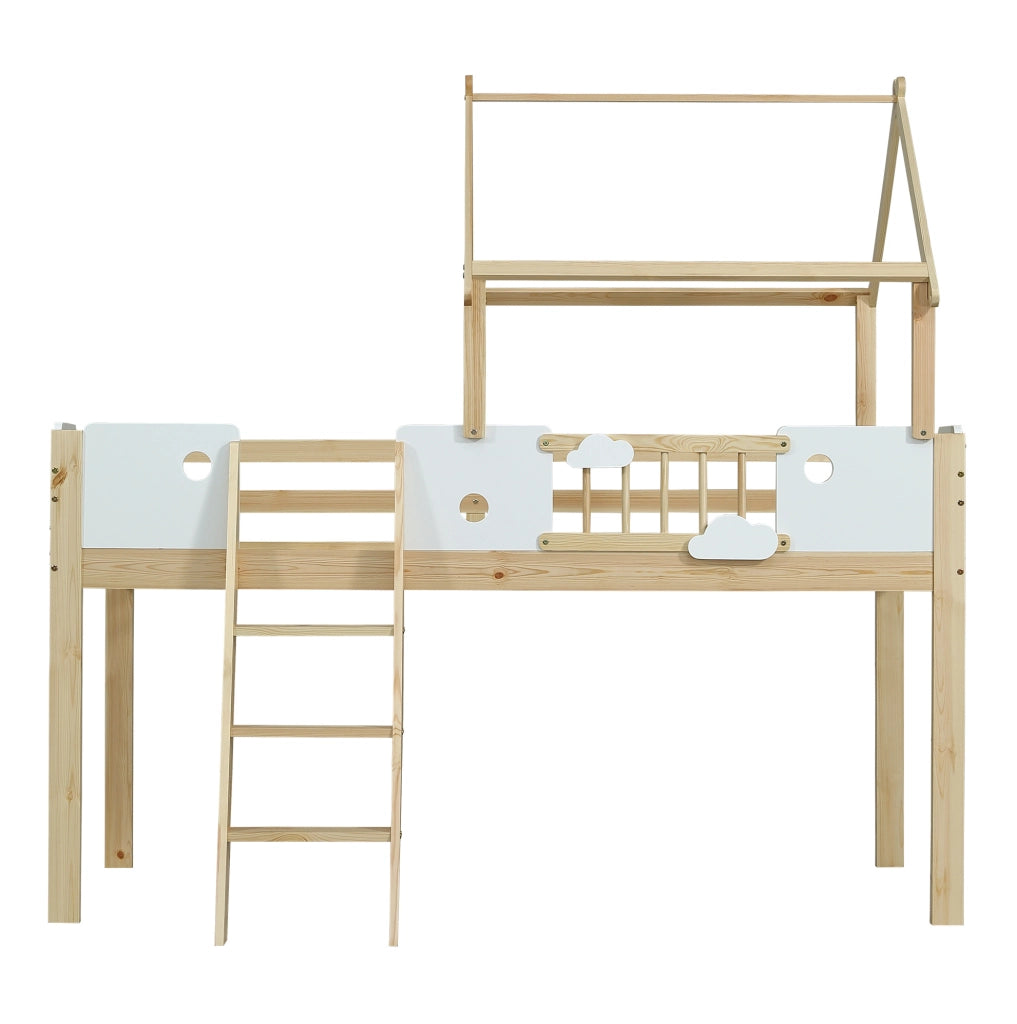 Letto a soppalco 90x200 cm con scala a tre gradini e tetto in legno bianco e naturale