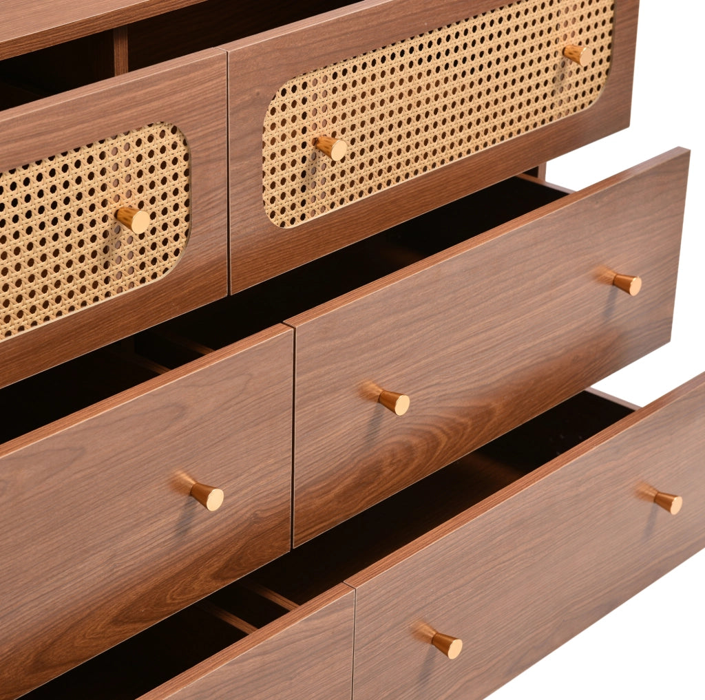 Cassettiera noce con 6 cassetti, dettagli in rattan e gambe in metallo