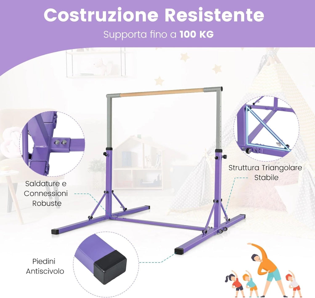 Barra per Ginnastica e Danza per Bambini e Bambine Pieghevole e Portatile, Sbarra Parallela in Metallo e Legno con 13 Altezze Regolabili, Ruote e Cuscinetti Antiscivolo, Portata 100 kg