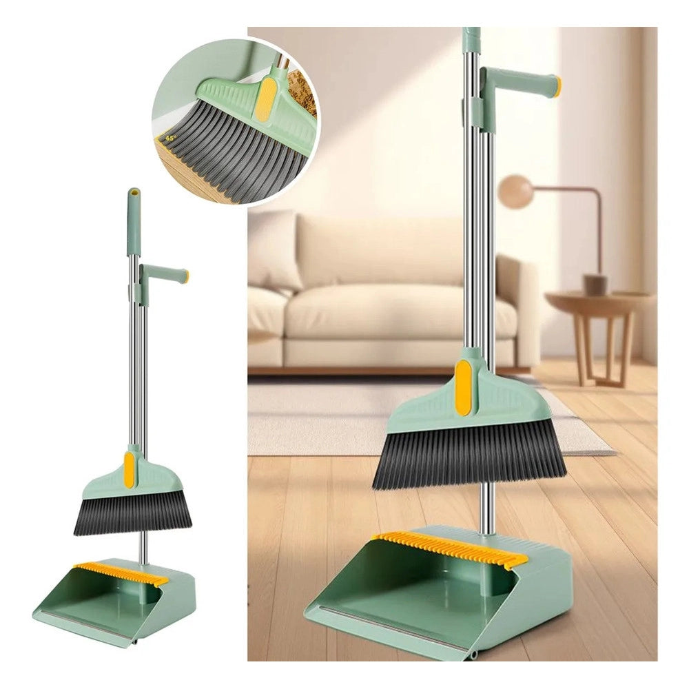Trade Shop - Set Combinato Di Scopa + Paletta Con Denti 2 In 1 Con Manici In Acciaio Per Pulizia Casa -
